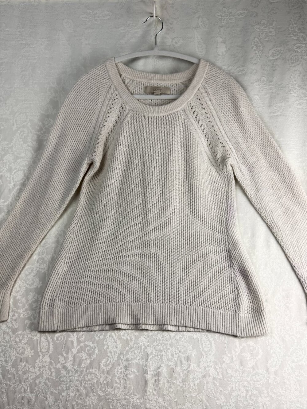 LOFT Ivory Cream Knit Sweater Womens Small Long Sleeve Pointelle Detail